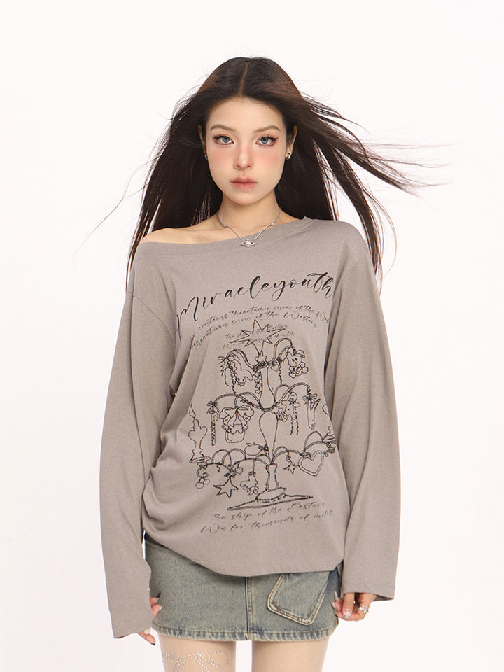Off Shoulder Graphic Long Sleeve Tee with Vintage Print - Vedlit