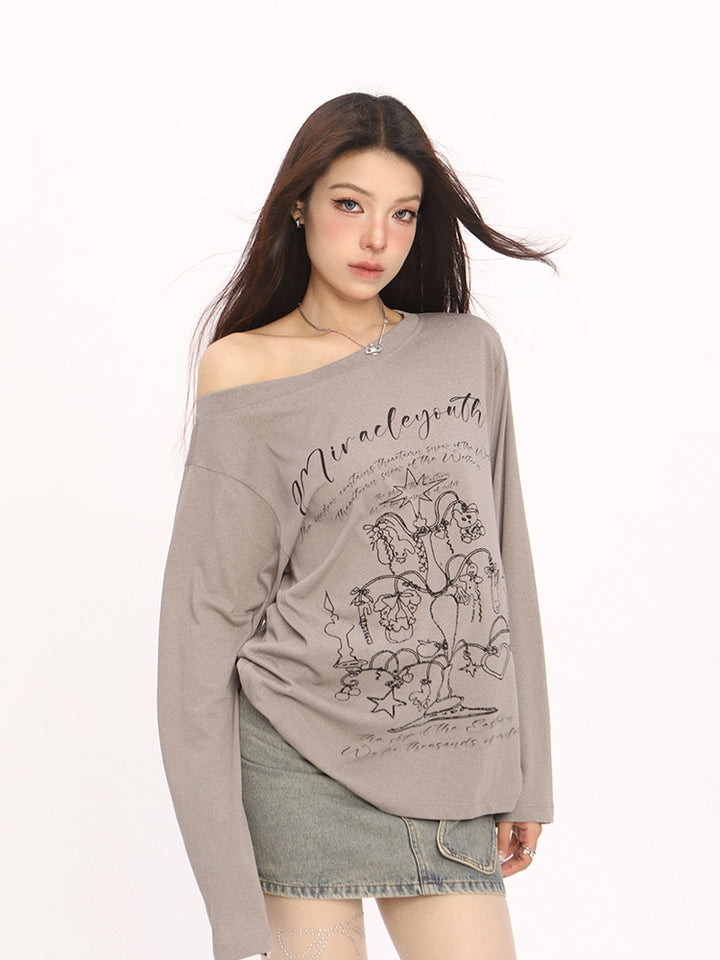 Off Shoulder Graphic Long Sleeve Tee with Vintage Print - Vedlit