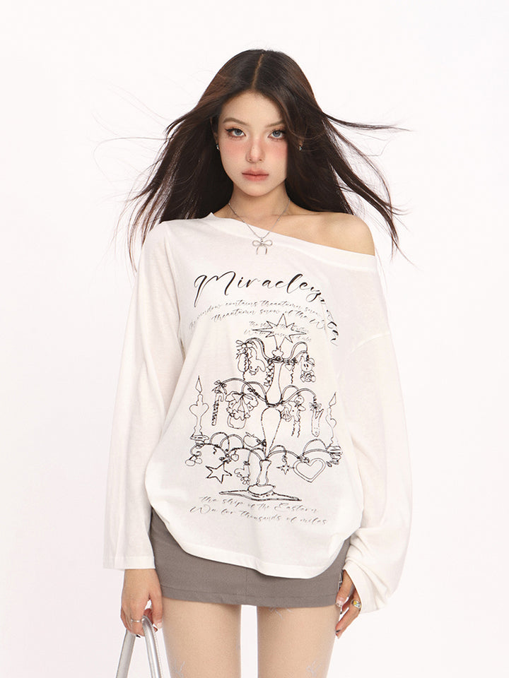 Off Shoulder Graphic Long Sleeve Tee with Vintage Print - Vedlit
