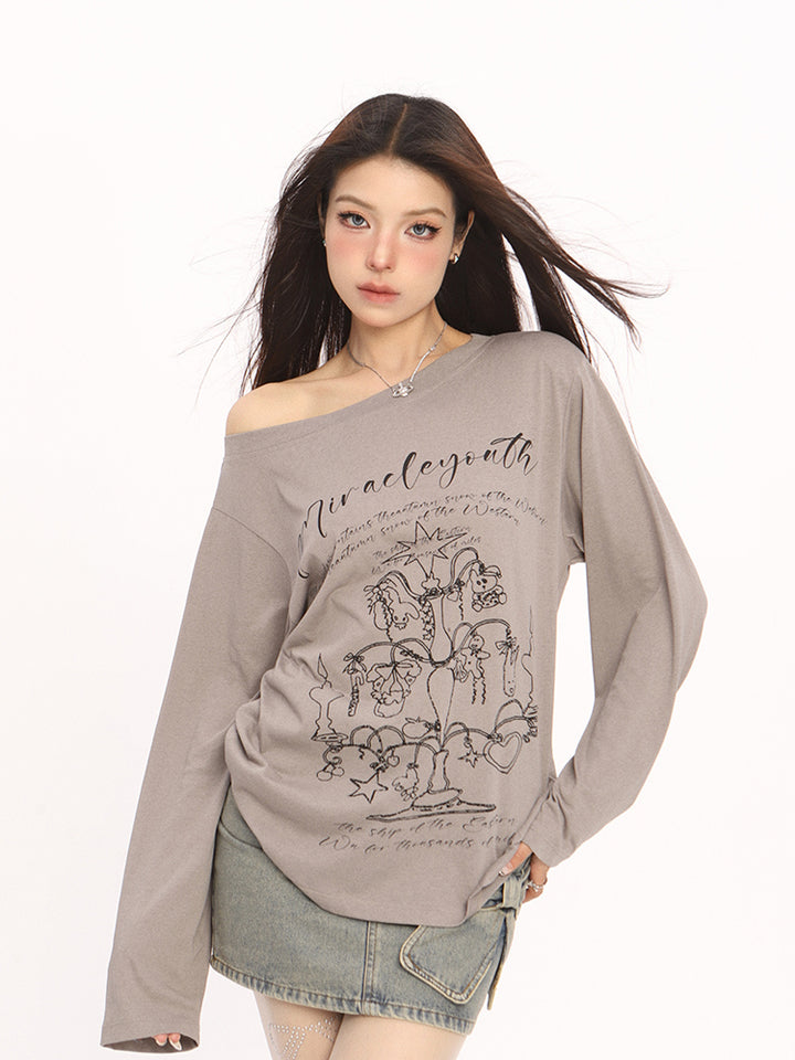 Off Shoulder Graphic Long Sleeve Tee with Vintage Print - Vedlit