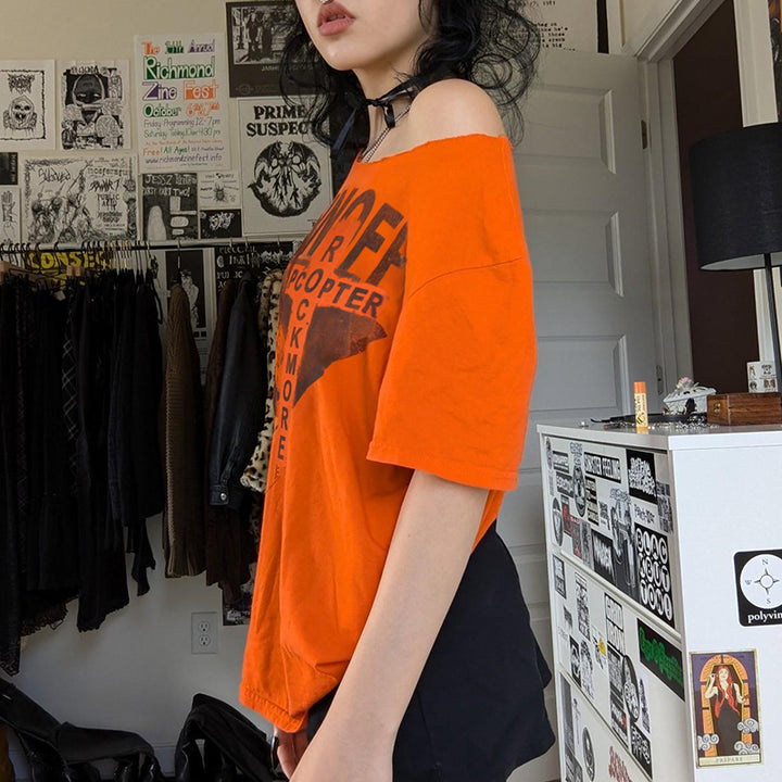 Off-Shoulder Graphic Oversized Tee in Orange - Vedlit