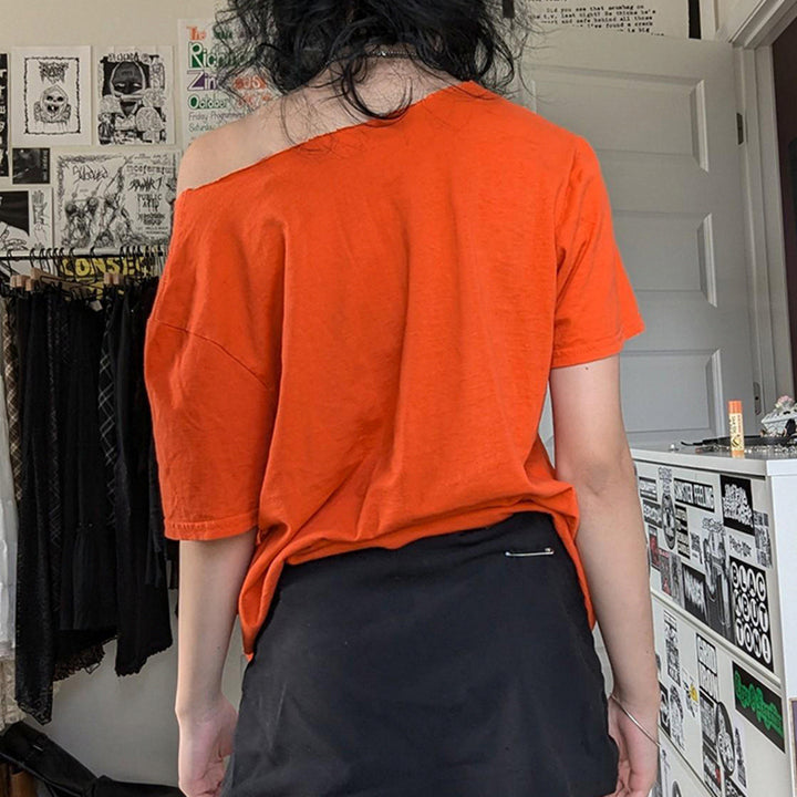 Off-Shoulder Graphic Oversized Tee in Orange - Vedlit