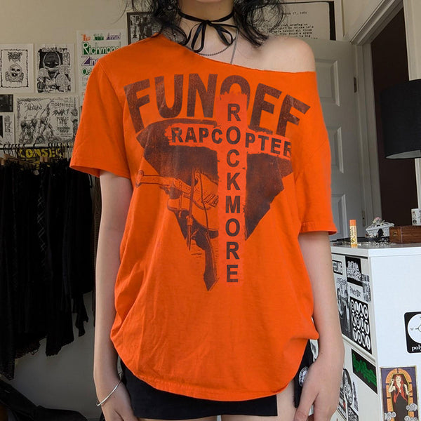 Off-Shoulder Graphic Oversized Tee in Orange - Vedlit