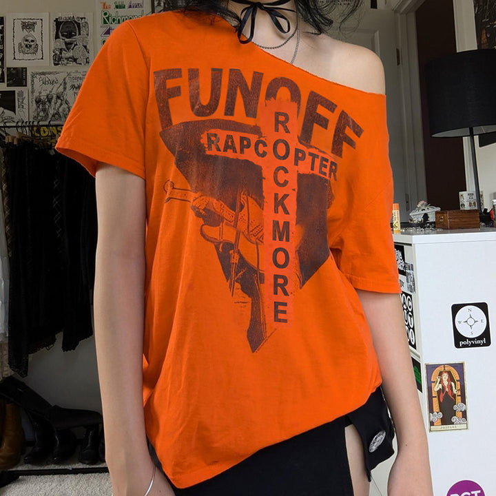 Off-Shoulder Graphic Oversized Tee in Orange - Vedlit