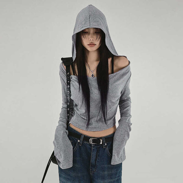 Off Shoulder Hooded Crop Top - Gray Streetwear Y2K Style - Vedlit
