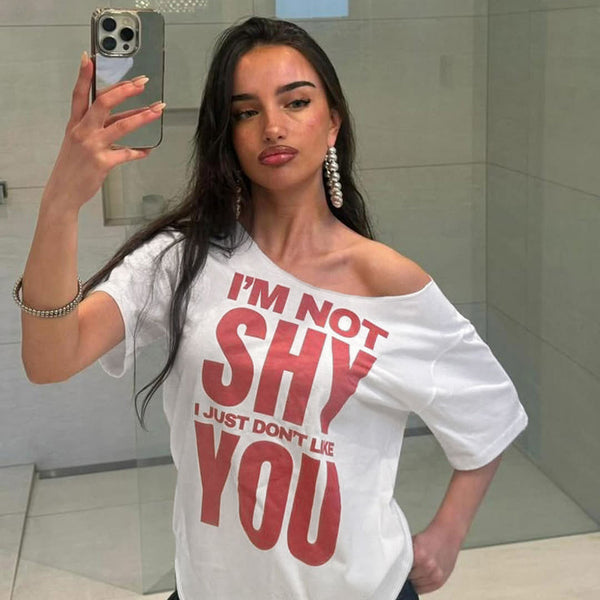 Off Shoulder "I'm Not Shy" Graphic Tee – Bold Attitude Top - Vedlit