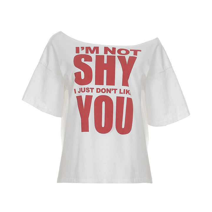 Off Shoulder "I'm Not Shy" Graphic Tee – Bold Attitude Top - Vedlit