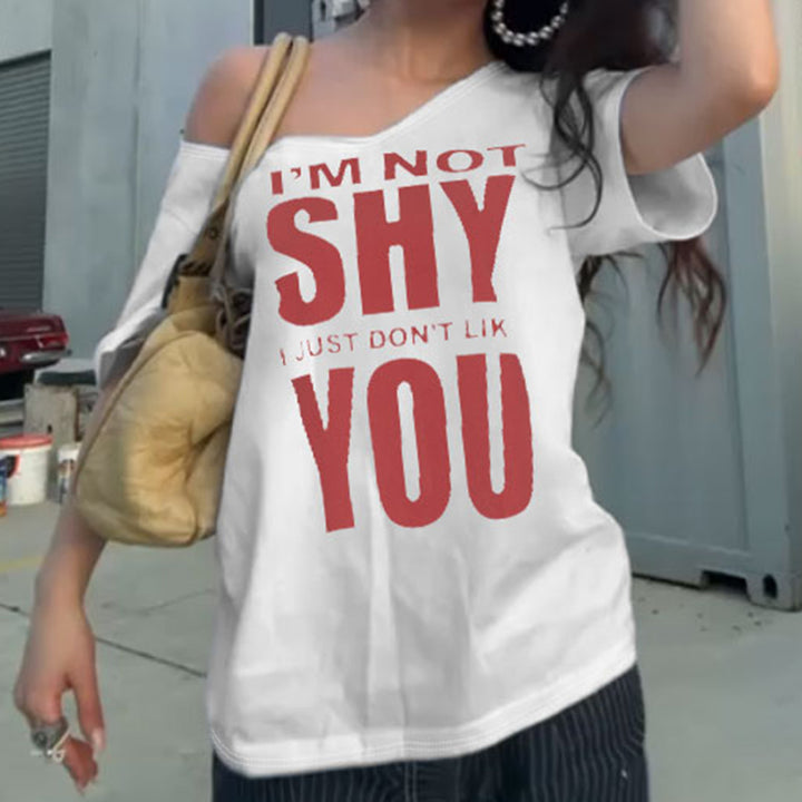 Off Shoulder "I'm Not Shy" Graphic Tee – Bold Attitude Top - Vedlit