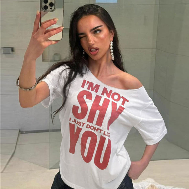 Off Shoulder "I'm Not Shy" Graphic Tee – Bold Attitude Top - Vedlit