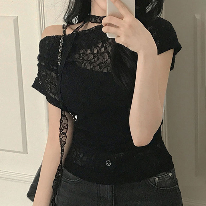 Off Shoulder Lace Choker Sheer Top in Black or White - Vedlit