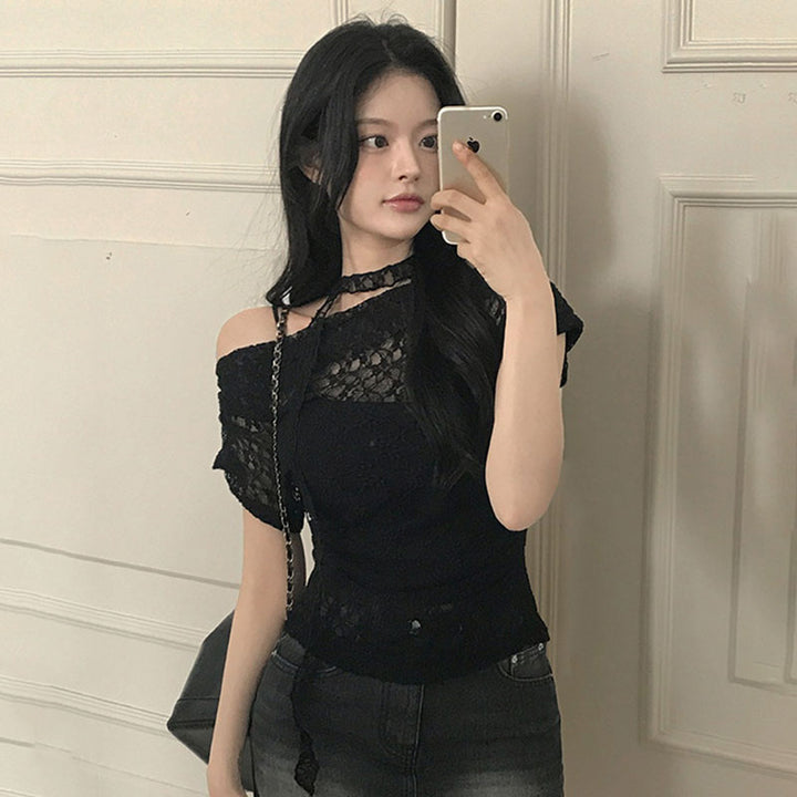 Off Shoulder Lace Choker Sheer Top in Black or White - Vedlit