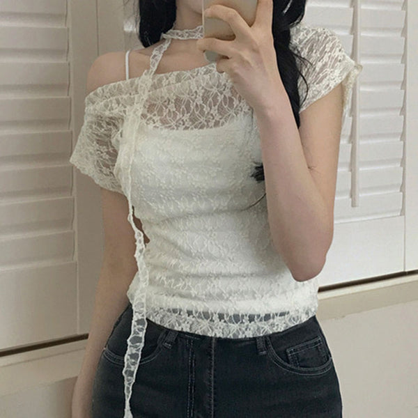Off Shoulder Lace Choker Sheer Top in Black or White - Vedlit
