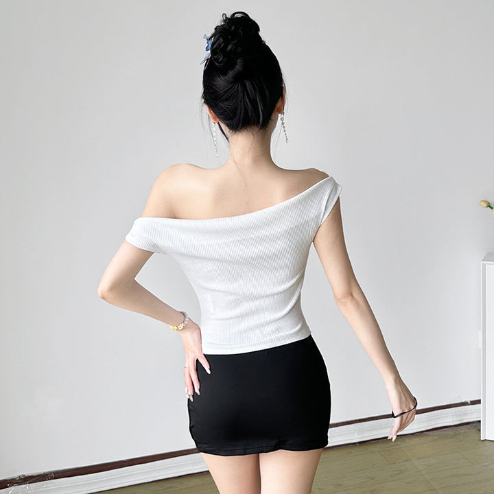 Off Shoulder Lily Print Ribbed Top – Slim Fit Summer Tee - Vedlit
