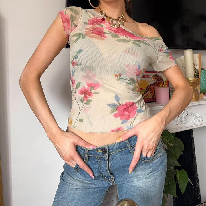 Off Shoulder Mesh Floral Print Tee – Soft Beige Aesthetic - Vedlit