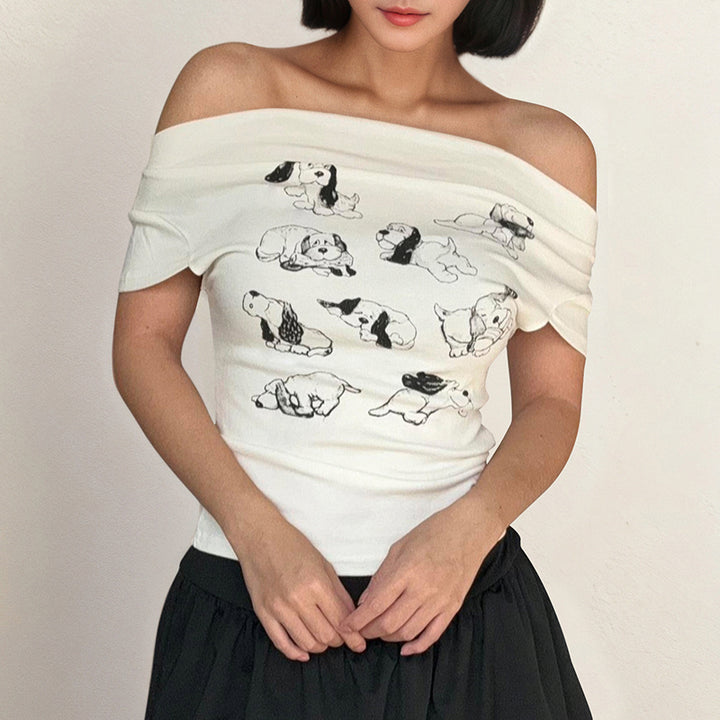 Off Shoulder Puppy Graphic Tee – White Slim Fit Top - Vedlit