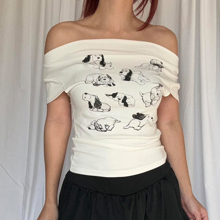 Off Shoulder Puppy Graphic Tee – White Slim Fit Top - Vedlit