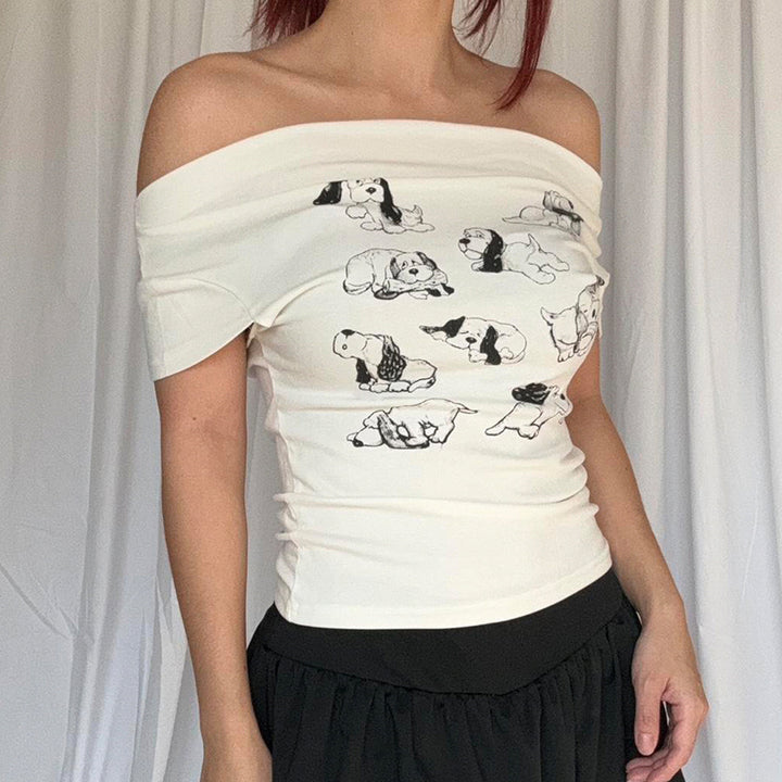 Off Shoulder Puppy Graphic Tee – White Slim Fit Top - Vedlit