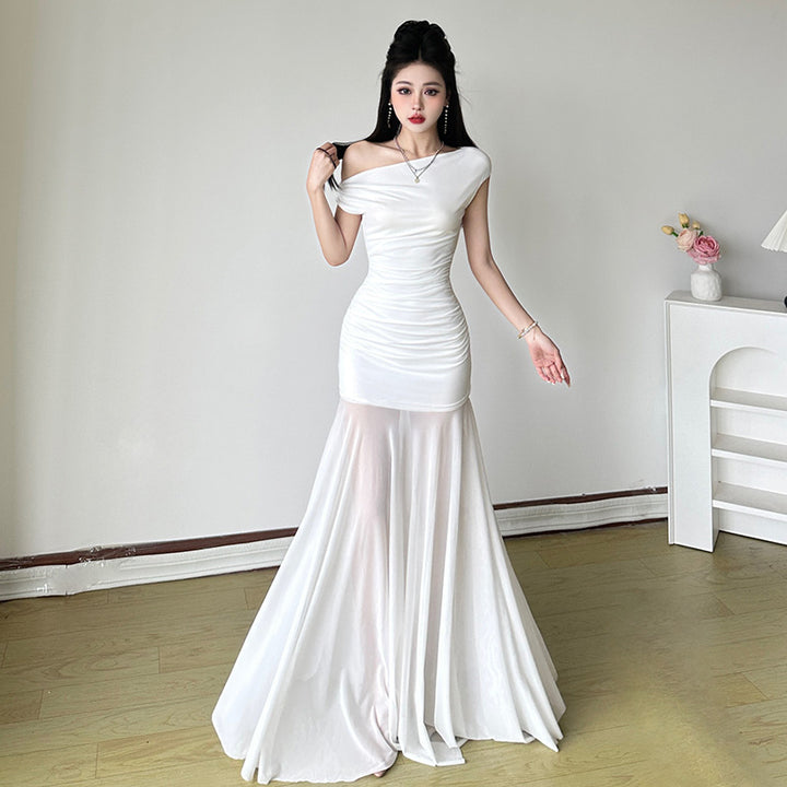 Off-Shoulder Ruched Mermaid Maxi Dress for Evening Elegance - Vedlit
