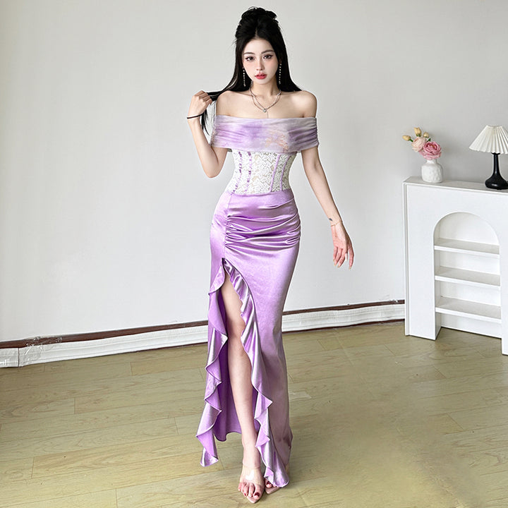 Off Shoulder Satin Corset Maxi Dress with Ruffle Slit - Vedlit