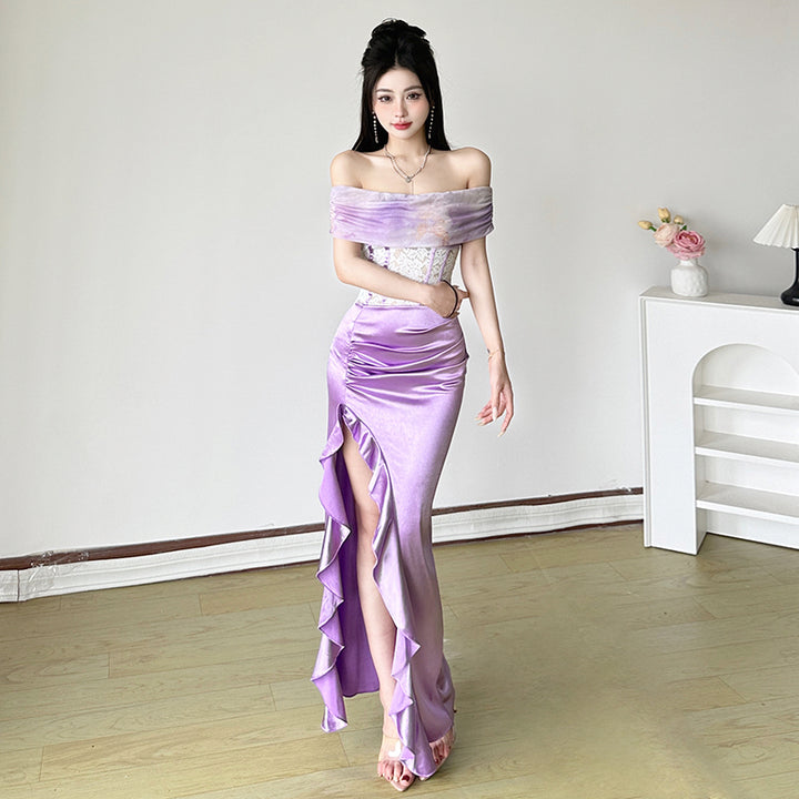 Off Shoulder Satin Corset Maxi Dress with Ruffle Slit - Vedlit