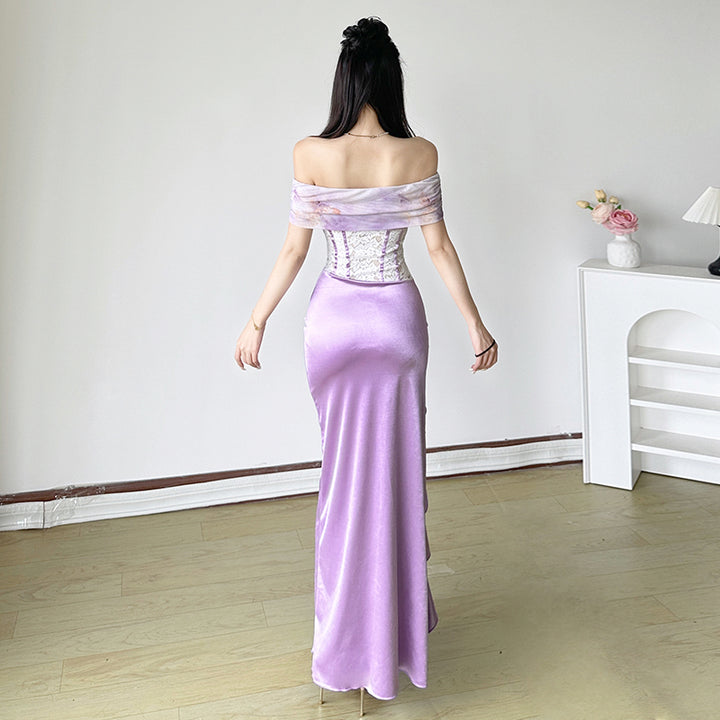 Off Shoulder Satin Corset Maxi Dress with Ruffle Slit - Vedlit