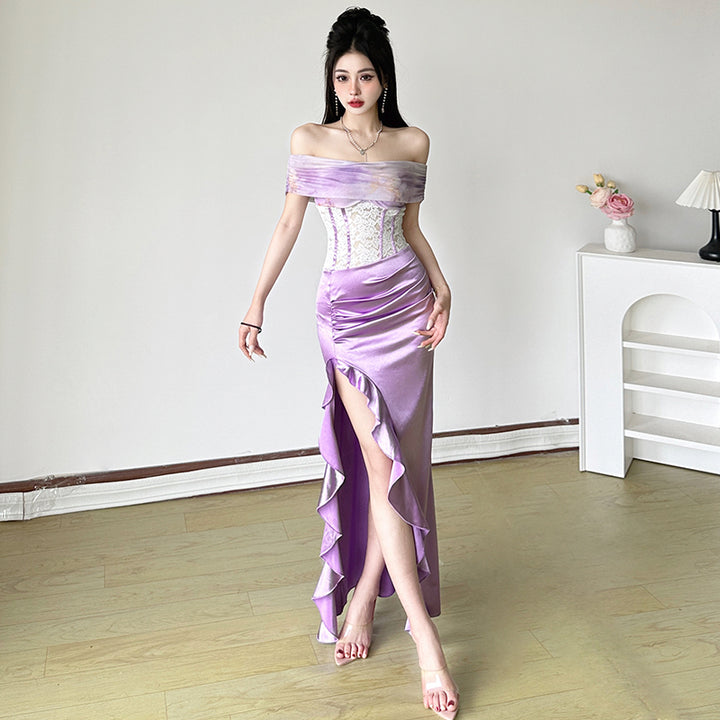 Off Shoulder Satin Corset Maxi Dress with Ruffle Slit - Vedlit