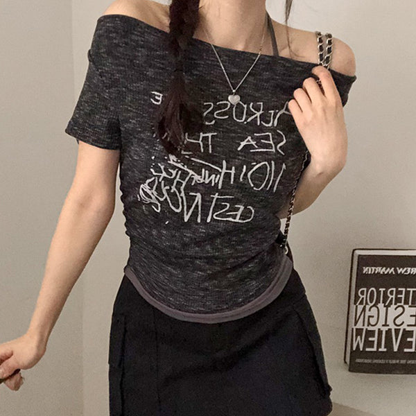 Off-Shoulder Scribble Graphic Slim Tee – Street Style Essential - Vedlit