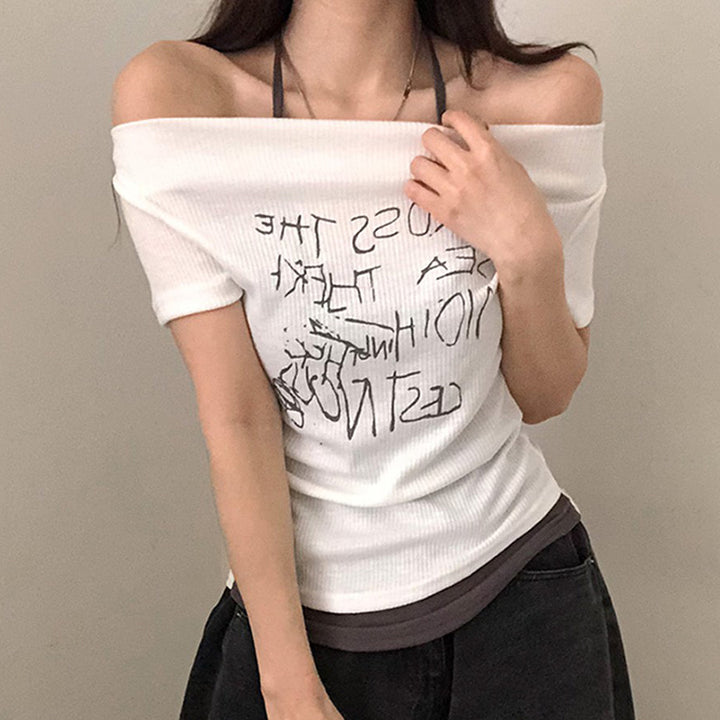 Off-Shoulder Scribble Graphic Slim Tee – Street Style Essential - Vedlit