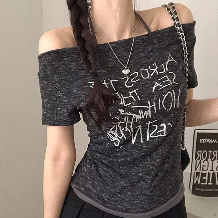 Off-Shoulder Scribble Graphic Slim Tee – Street Style Essential - Vedlit