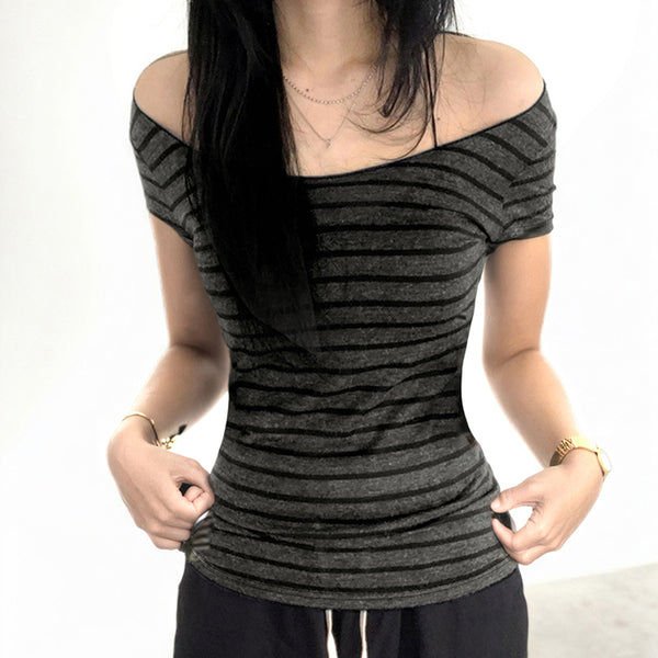 Off Shoulder Striped Slim Fit Tee - Casual Y2K Style - Vedlit