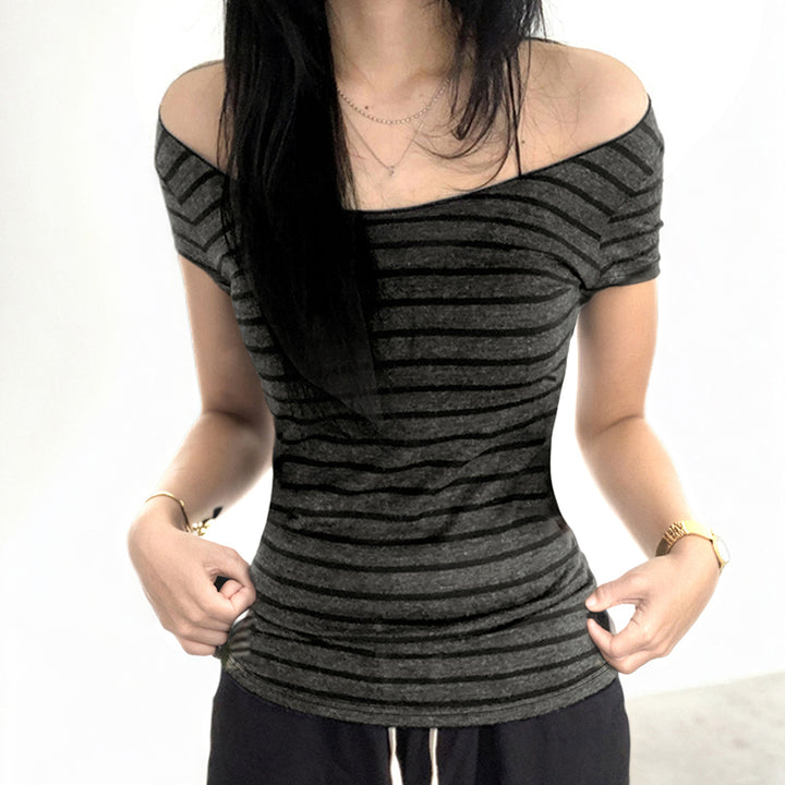 Off Shoulder Striped Slim Fit Tee - Casual Y2K Style - Vedlit