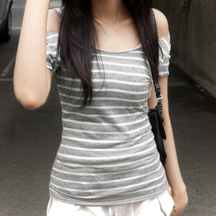Off Shoulder Striped Slim Fit Tee - Casual Y2K Style - Vedlit