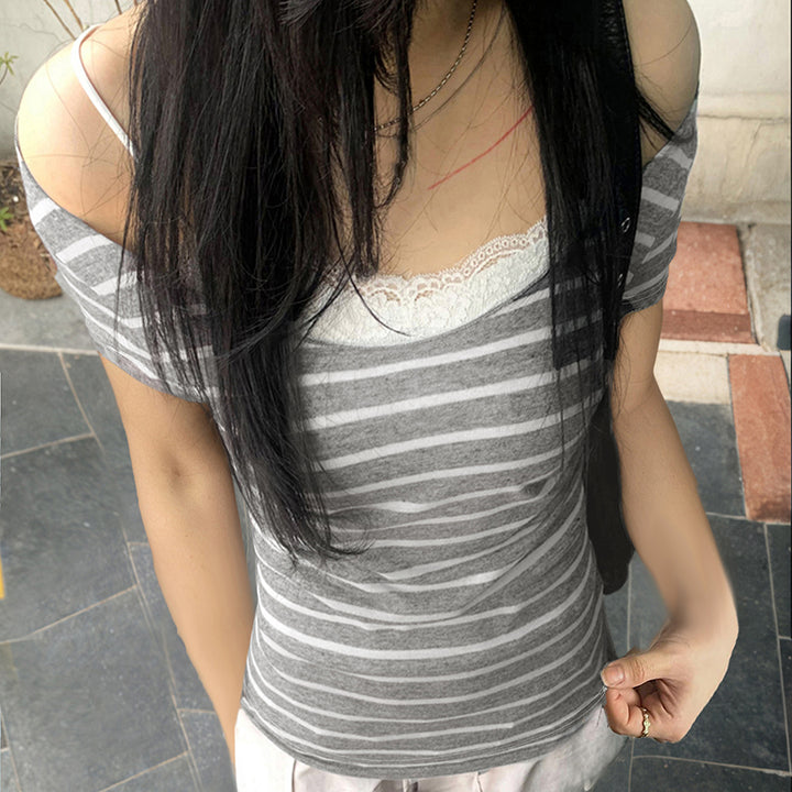 Off Shoulder Striped Slim Fit Tee - Casual Y2K Style - Vedlit