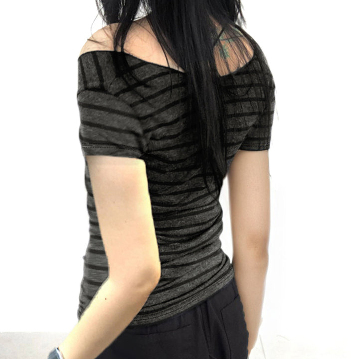 Off Shoulder Striped Slim Fit Tee - Casual Y2K Style - Vedlit
