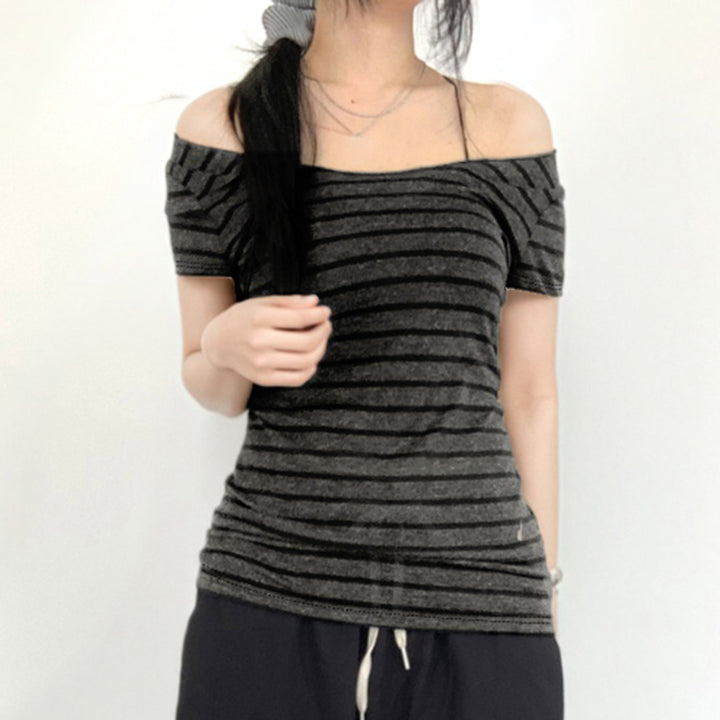 Off Shoulder Striped Slim Fit Tee - Casual Y2K Style - Vedlit