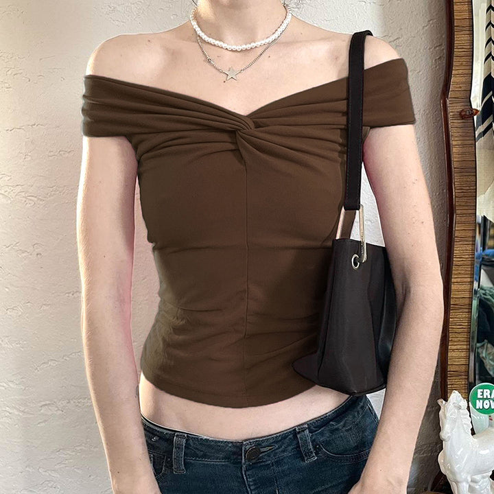 Off Shoulder Twist Front Slim Fit Top – Brown Elegance - Vedlit