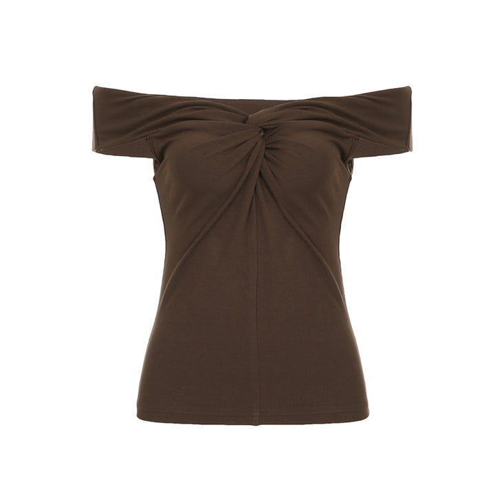 Off Shoulder Twist Front Slim Fit Top – Brown Elegance - Vedlit