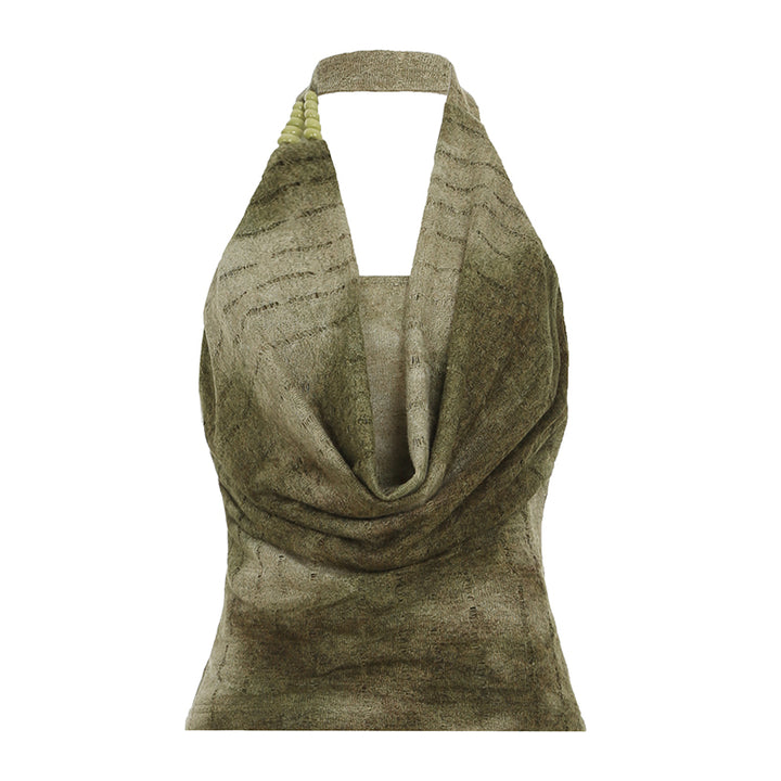 Olive Green Beaded Halter Cowl Neck Backless Top - Vedlit