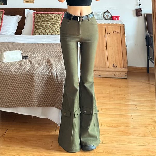 Olive Green Fairy Grunge Cargo Pocket Flare Pants - Vedlit