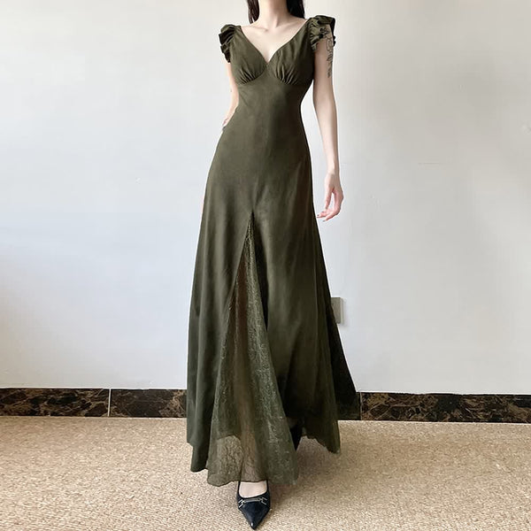 Olive Green Fairy Grunge Maxi Dress - Vedlit