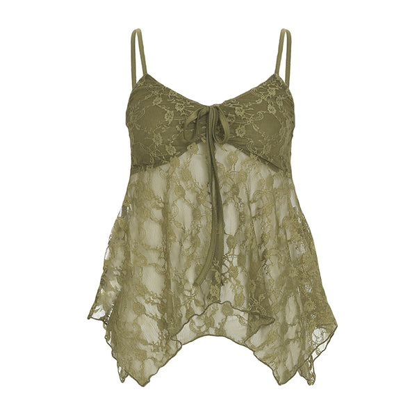 Olive Green Lace Handkerchief Hem Cami Top - Vedlit