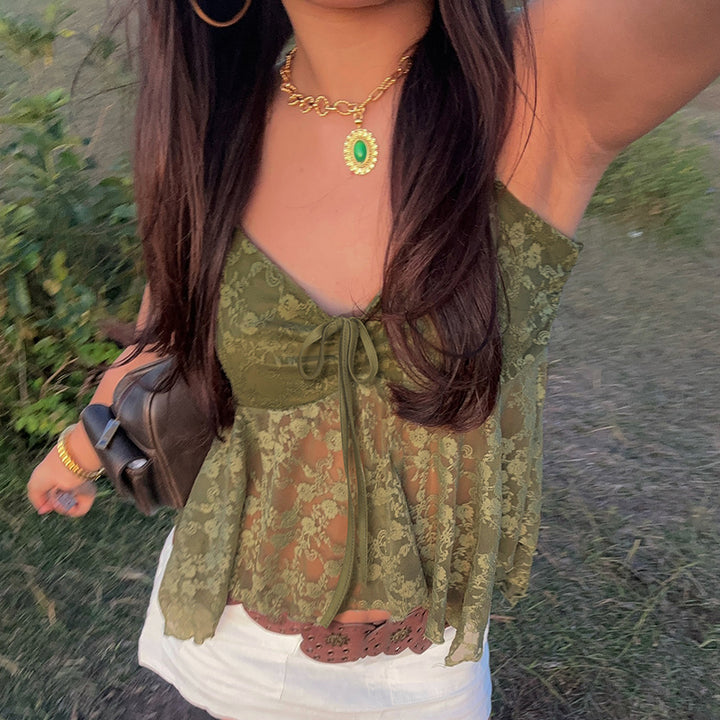 Olive Green Lace Handkerchief Hem Cami Top - Vedlit