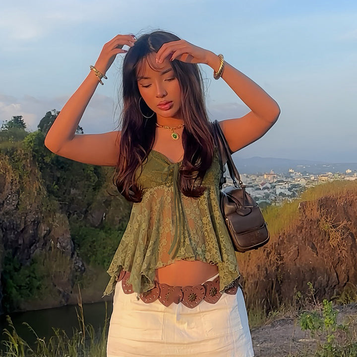 Olive Green Lace Handkerchief Hem Cami Top - Vedlit