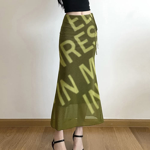 Olive Green Y2K Letter Print Maxi Skirt - Vedlit