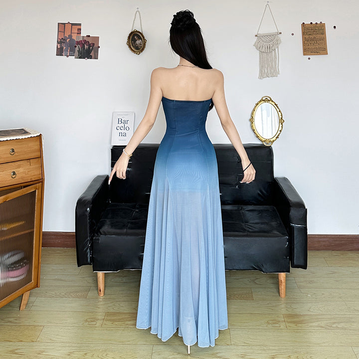 Ombre Strapless Sheer Maxi Dress Elegant Gradient Gown - Vedlit