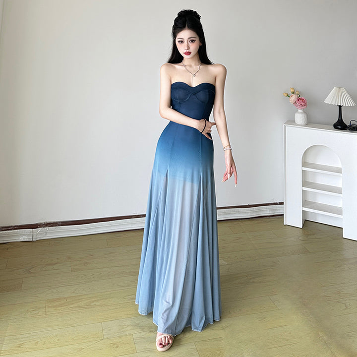 Ombre Strapless Sheer Maxi Dress Elegant Gradient Gown - Vedlit