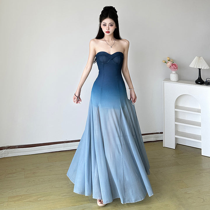 Ombre Strapless Sheer Maxi Dress Elegant Gradient Gown - Vedlit