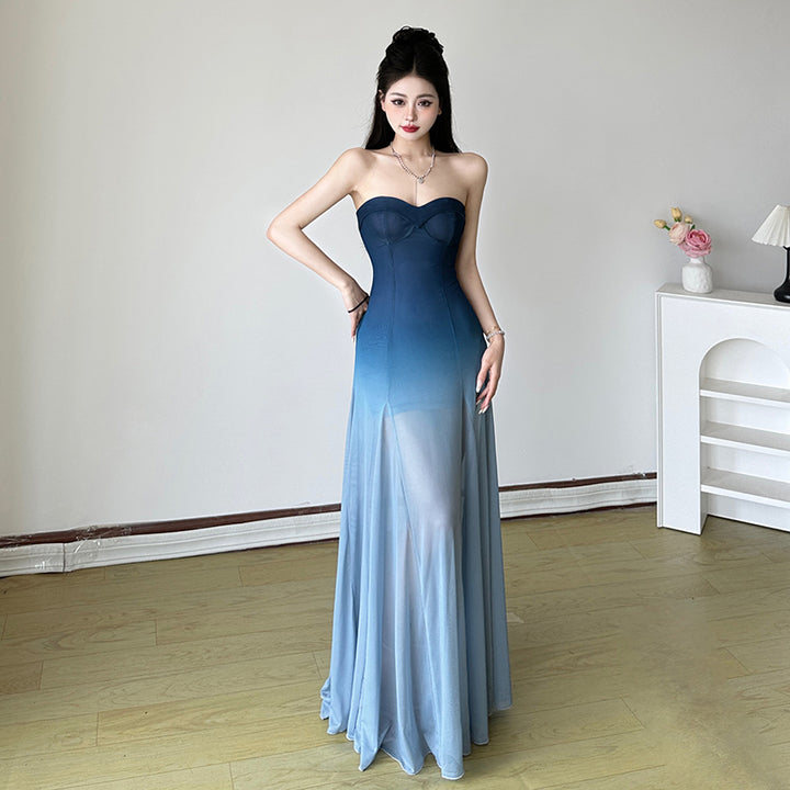 Ombre Strapless Sheer Maxi Dress Elegant Gradient Gown - Vedlit