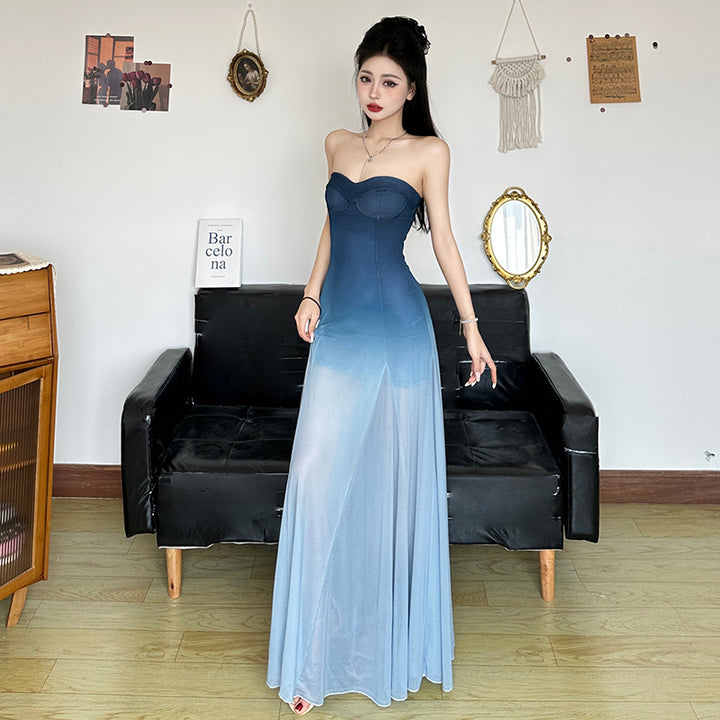 Ombre Strapless Sheer Maxi Dress Elegant Gradient Gown - Vedlit
