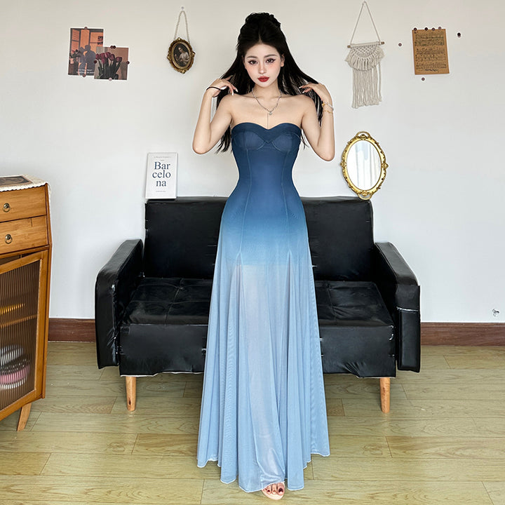 Ombre Strapless Sheer Maxi Dress Elegant Gradient Gown - Vedlit